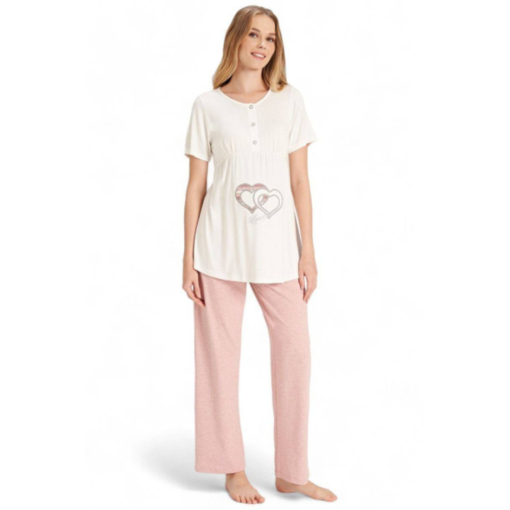 Feyza Set Πιτζάμα Εγκυμοσύνης με ρόμπα PASTEL LOVE HEARTS FZA5080 Ροζ